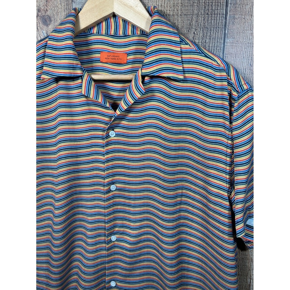 Saturdays New York City Mens Large Camp Collar Shirt Wavy Stripe Short Sleeve L